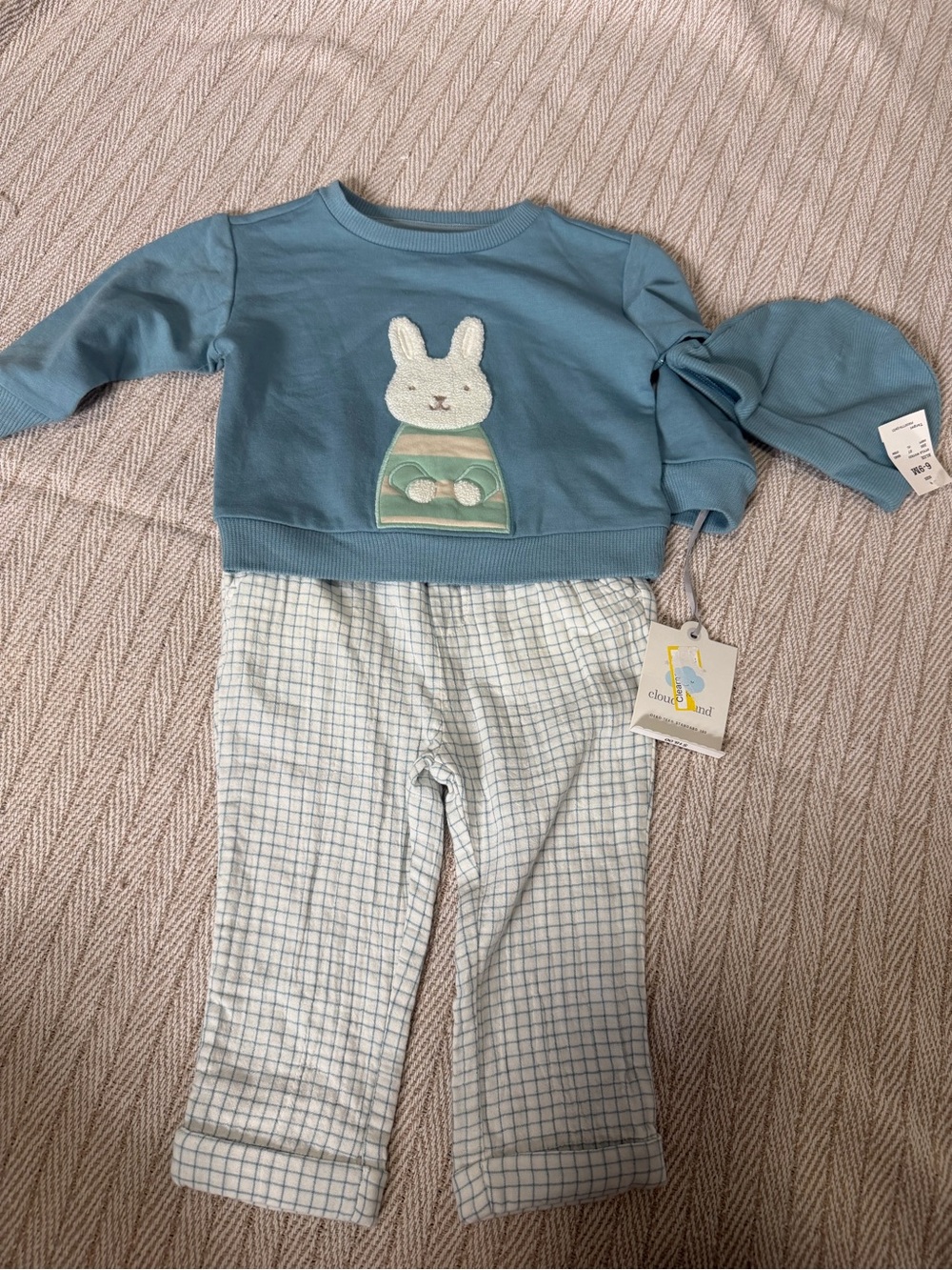 cloud island Blue Bunny Appliqué Pajama Set with Plaid Pants